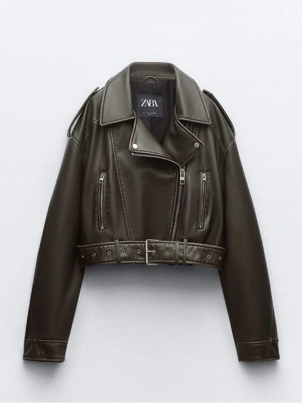 Zara Dark Olive Cropped Faux-Leather Biker Jacket